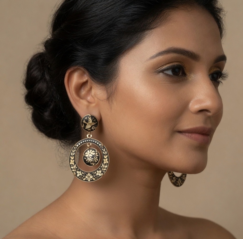Vintage Black Gold Enamel Floral Bird Drop Earrings Circular Statement Boho EXC